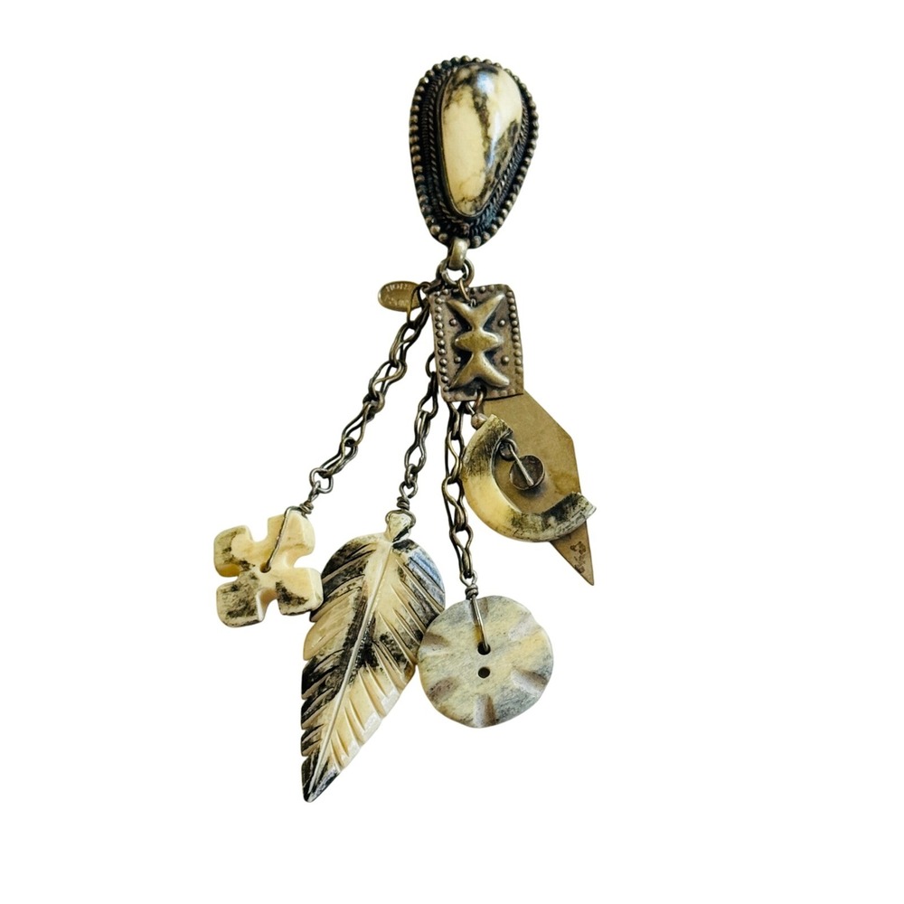 VTG Sandra Burton dangle charm pin brooch beaded bone Ethnic Silver‎ designer